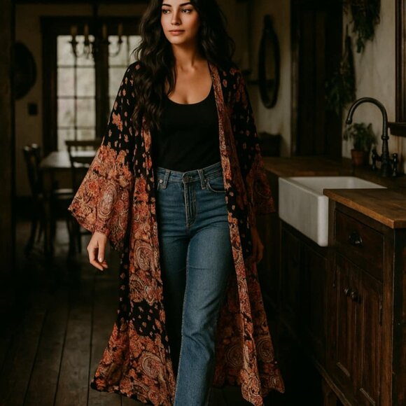 New Boho Floral Kimono Sleeve Cardigan Floral Top Duster Women's - Picture 2 of 6